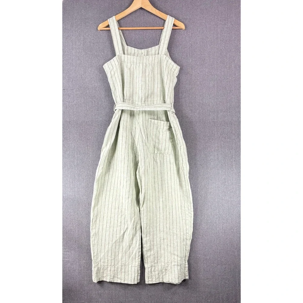 Everlane Jumpsuit Womens 8 Green Striped Linen Sleeveless Button Front Belted